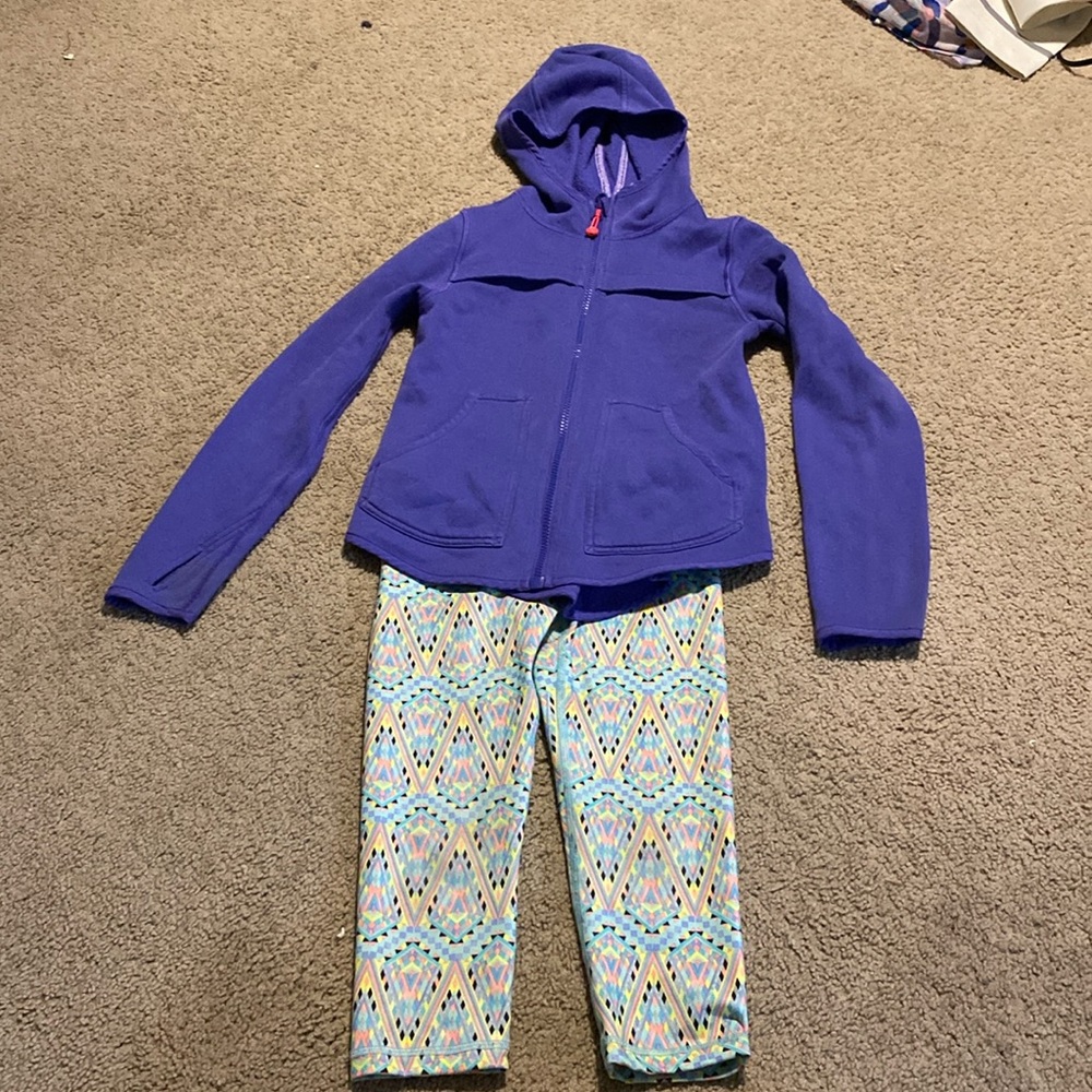 Ivivva set yoga pants jacket zip up hooded purple green outfit girls 7